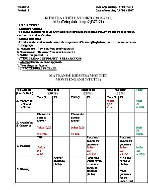 Giáo án Tiếng Anh Lớp 7 - Tiết 71 Kiểm tra 1 tiết lần 3 - Năm học 2016-2017